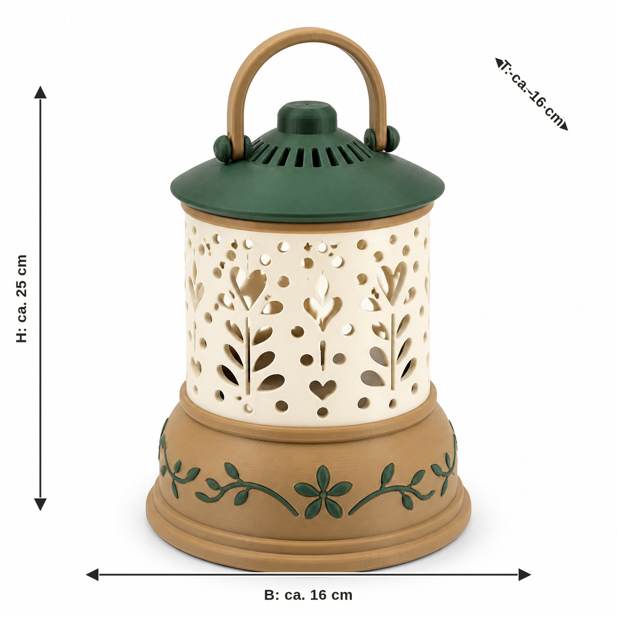 Measurement for lantern lamp with leaf cutouts: width approx. 16 cm, depth approx. 16 cm, height approx. 25 cm