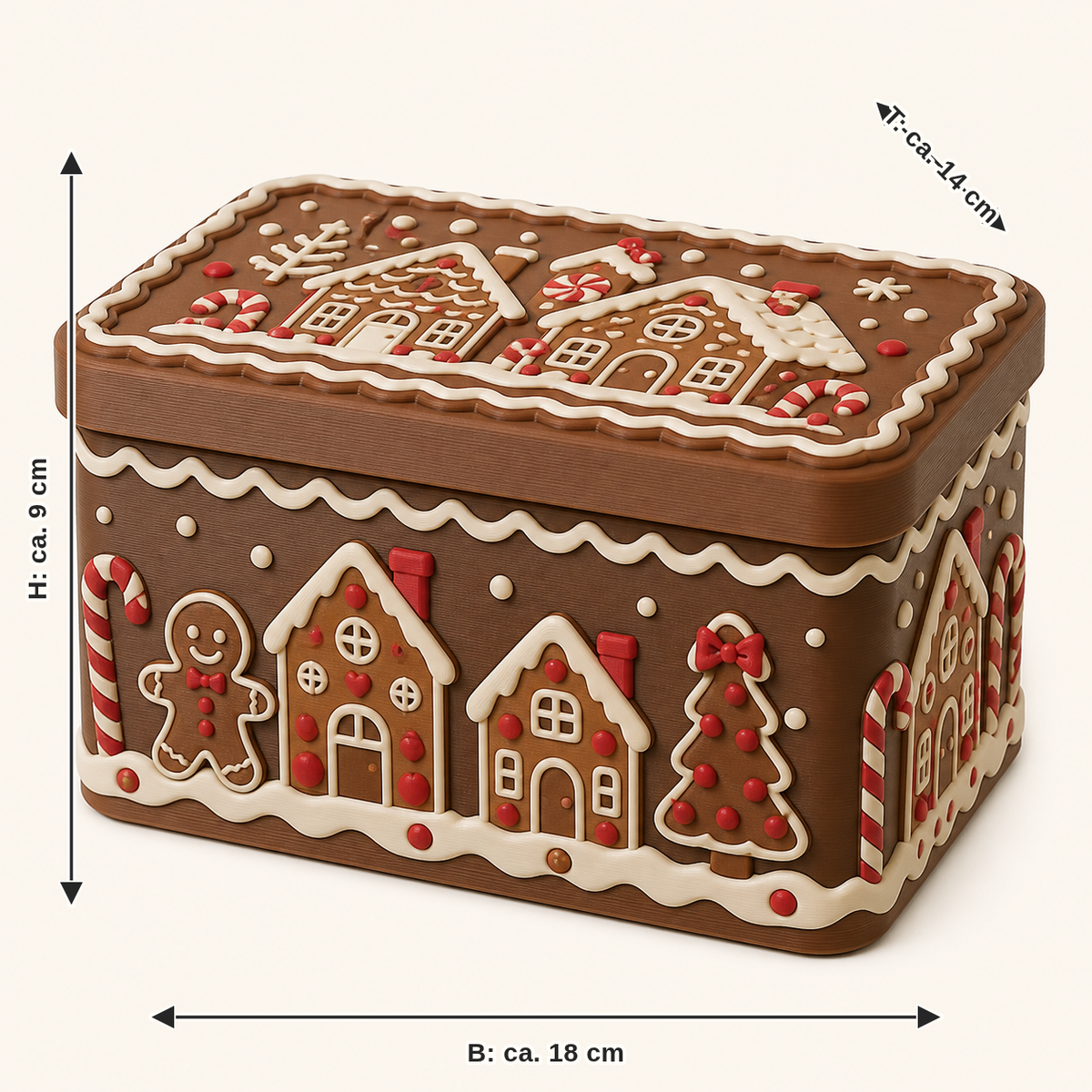 Maßbild für Lebkuchen-Aufbewahrungsbox Musterbox: Breite ca. 18 cm, Tiefe ca. 14 cm, Höhe ca. 9 cm