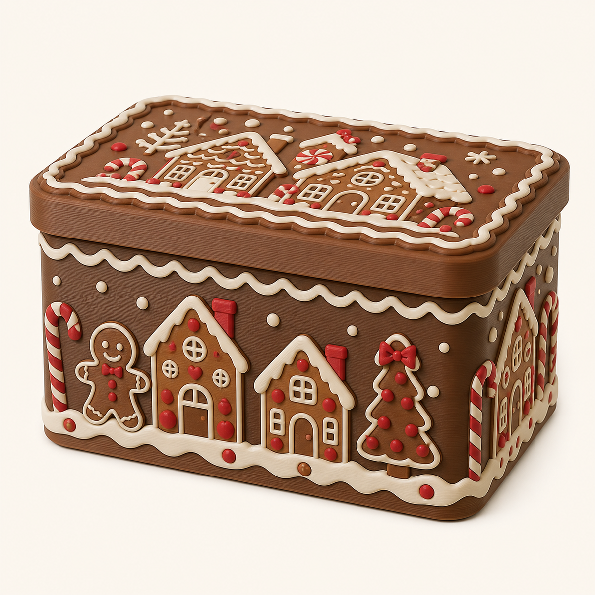 Lebkuchen-Aufbewahrungsbox Musterbox aus 3D-gedrucktem PETG in Lebkuchenbraun, Creme, Kirschrot