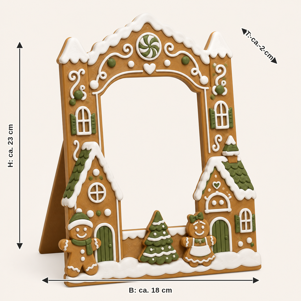 Maßbild für Lebkuchen-Bilderrahmen Zuckerportal: Breite ca. 18 cm, Tiefe ca. 2 cm, Höhe ca. 23 cm