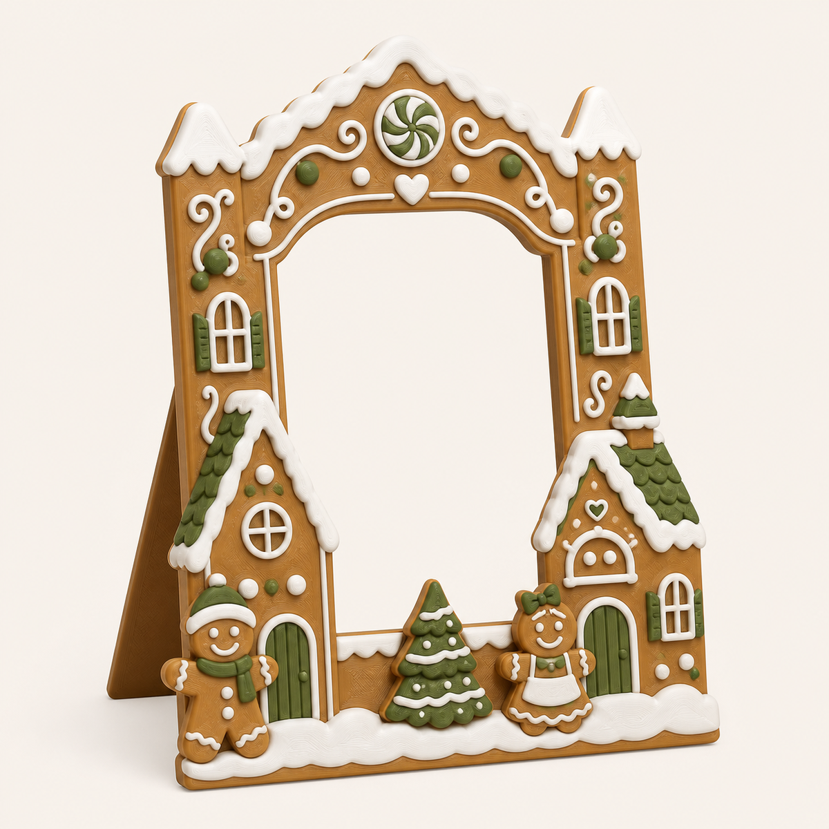 Lebkuchen-Bilderrahmen Zuckerportal aus 3D-gedrucktem PETG in Karamell, Schneeweiß, Tannengrün