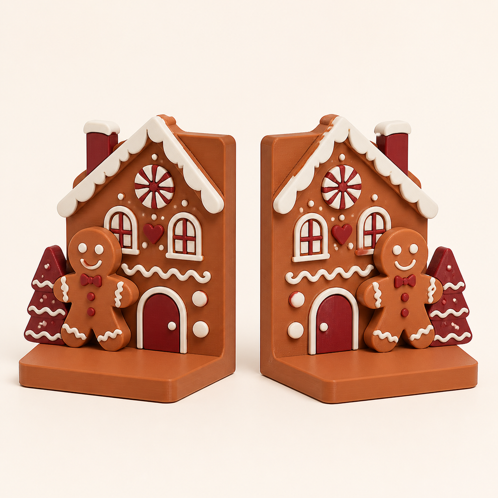 Lebkuchen-Bookends-Pair semi-detached house in 3D-printed PETG in terracotta, warm white, Bordeaux