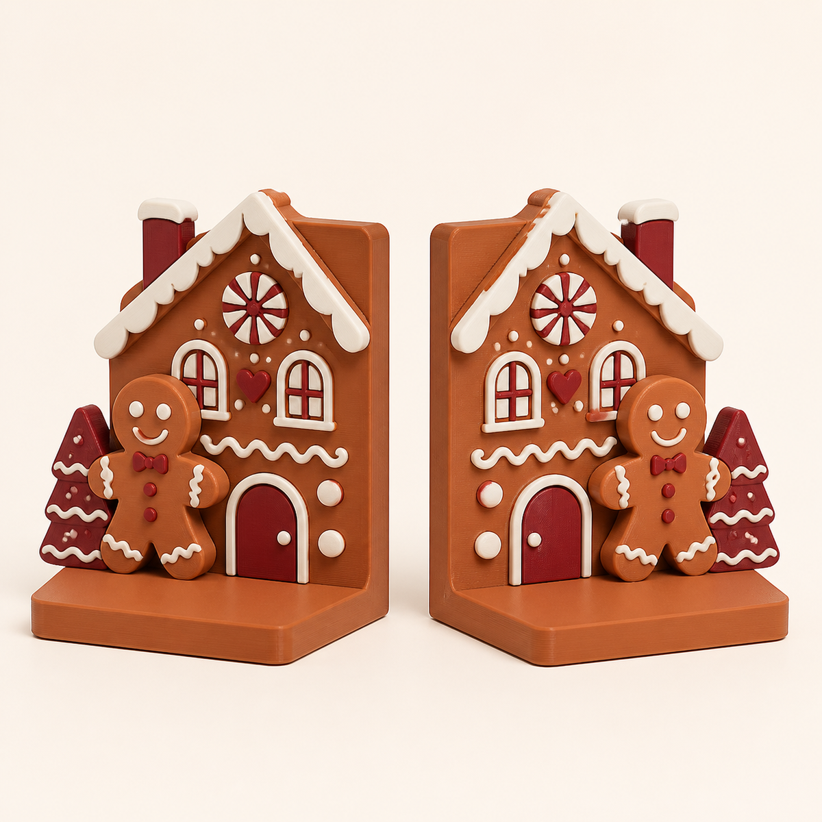 Lebkuchen-Buchstützen-Paar Doppelhaus aus 3D-gedrucktem PETG in Terrakotta, Warmweiß, Bordeaux