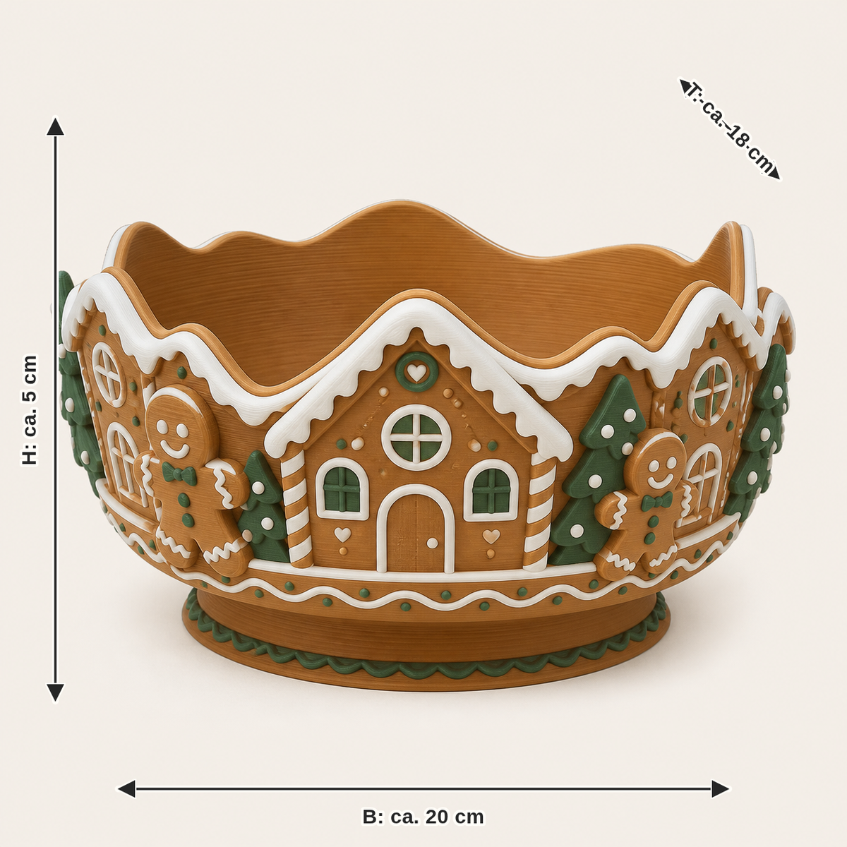 Maßbild für Lebkuchen-Dekoschale Zuckermulde: Breite ca. 20 cm, Tiefe ca. 18 cm, Höhe ca. 5 cm
