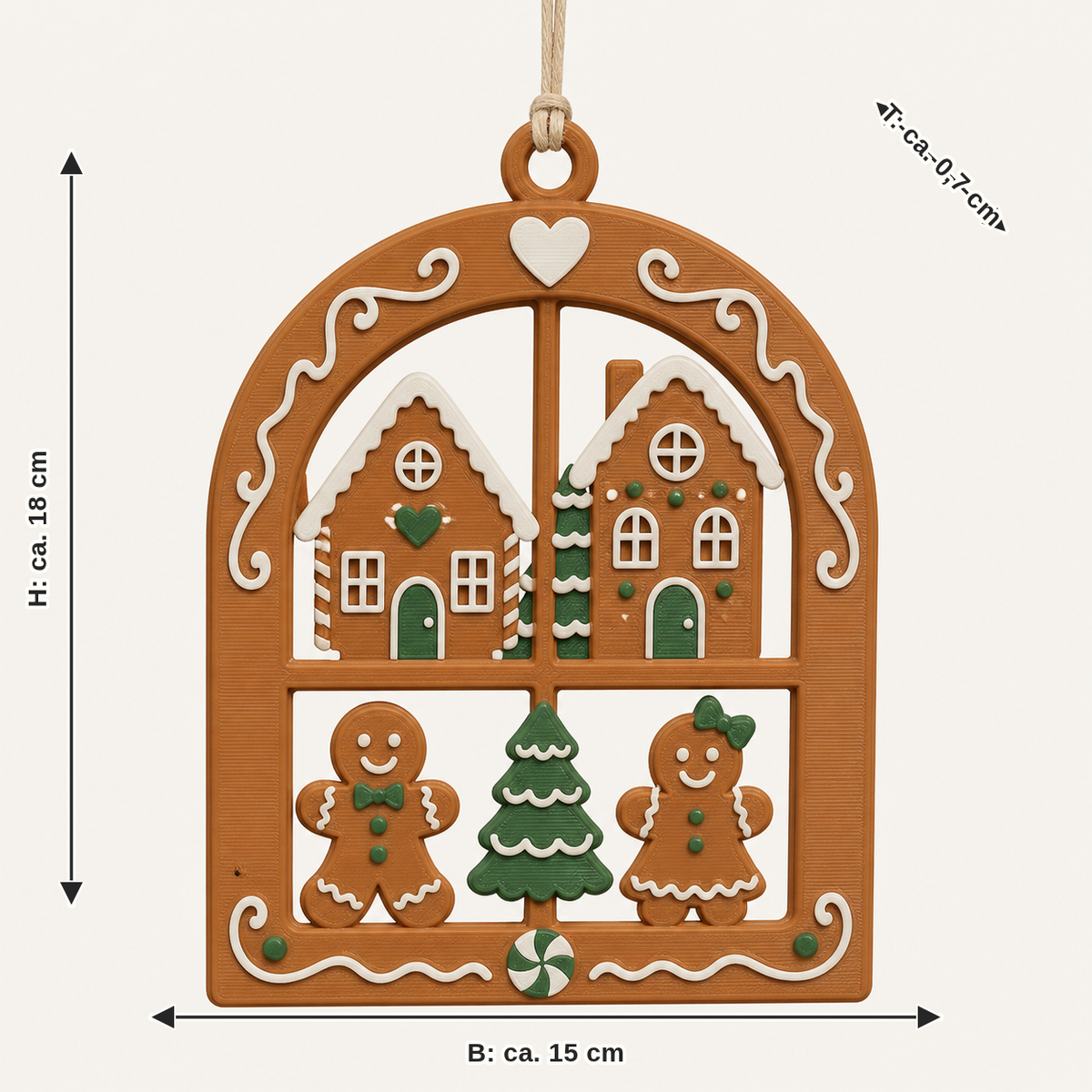 Maßbild für Lebkuchen-Fensteranhänger Häuschenfenster: Breite ca. 15 cm, Tiefe ca. 0.7 cm, Höhe ca. 18 cm