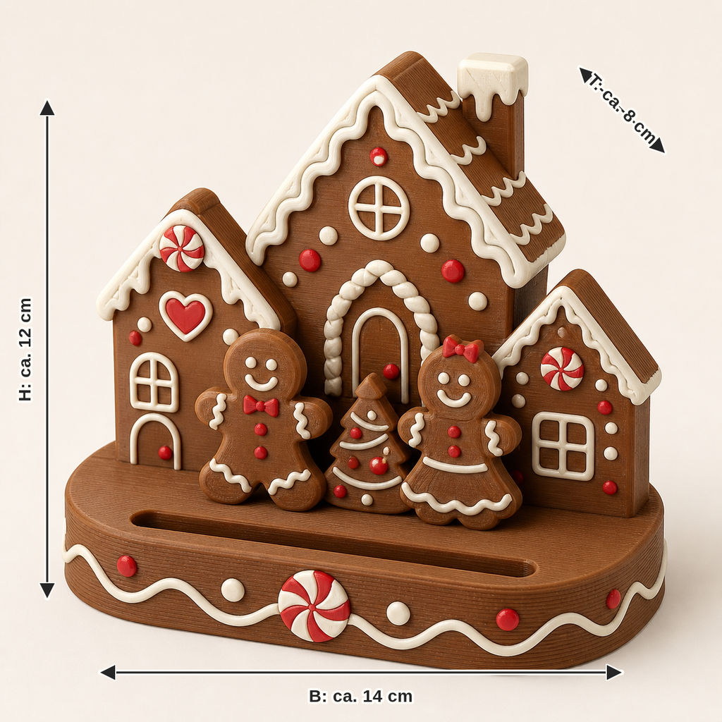 Maßbild für Lebkuchen-Fotohalter Häuschenpunkt: Breite ca. 14 cm, Tiefe ca. 8 cm, Höhe ca. 12 cm