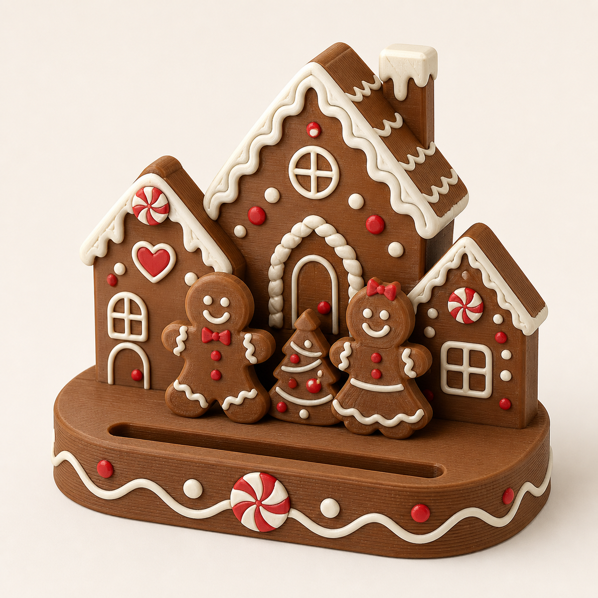 Lebkuchen-Fotohalter Häuschenpunkt aus 3D-gedrucktem PETG in Lebkuchenbraun, Creme, Kirschrot