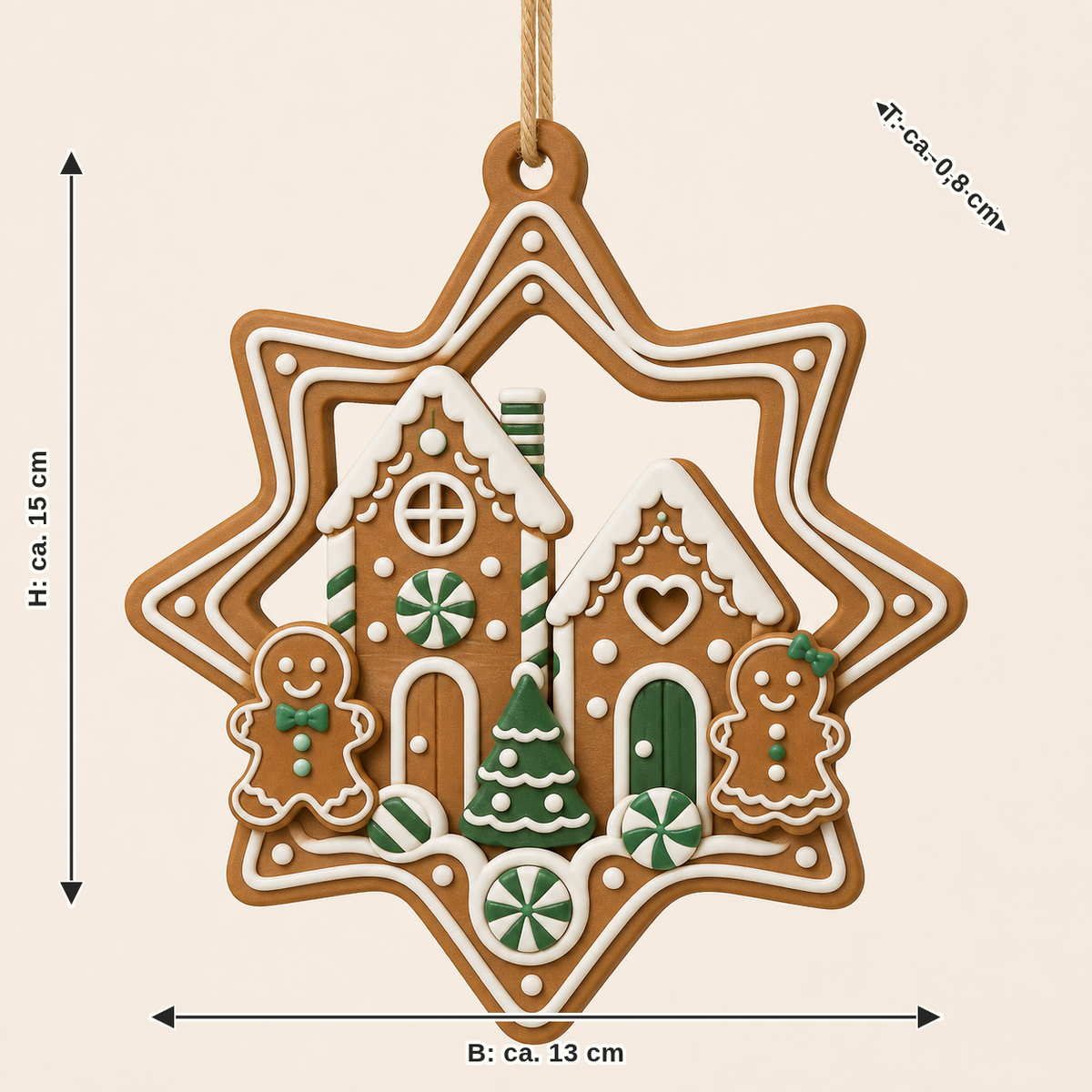 Maßbild für Lebkuchen-Hängedeko Zuckerstern: Breite ca. 13 cm, Tiefe ca. 0.8 cm, Höhe ca. 15 cm