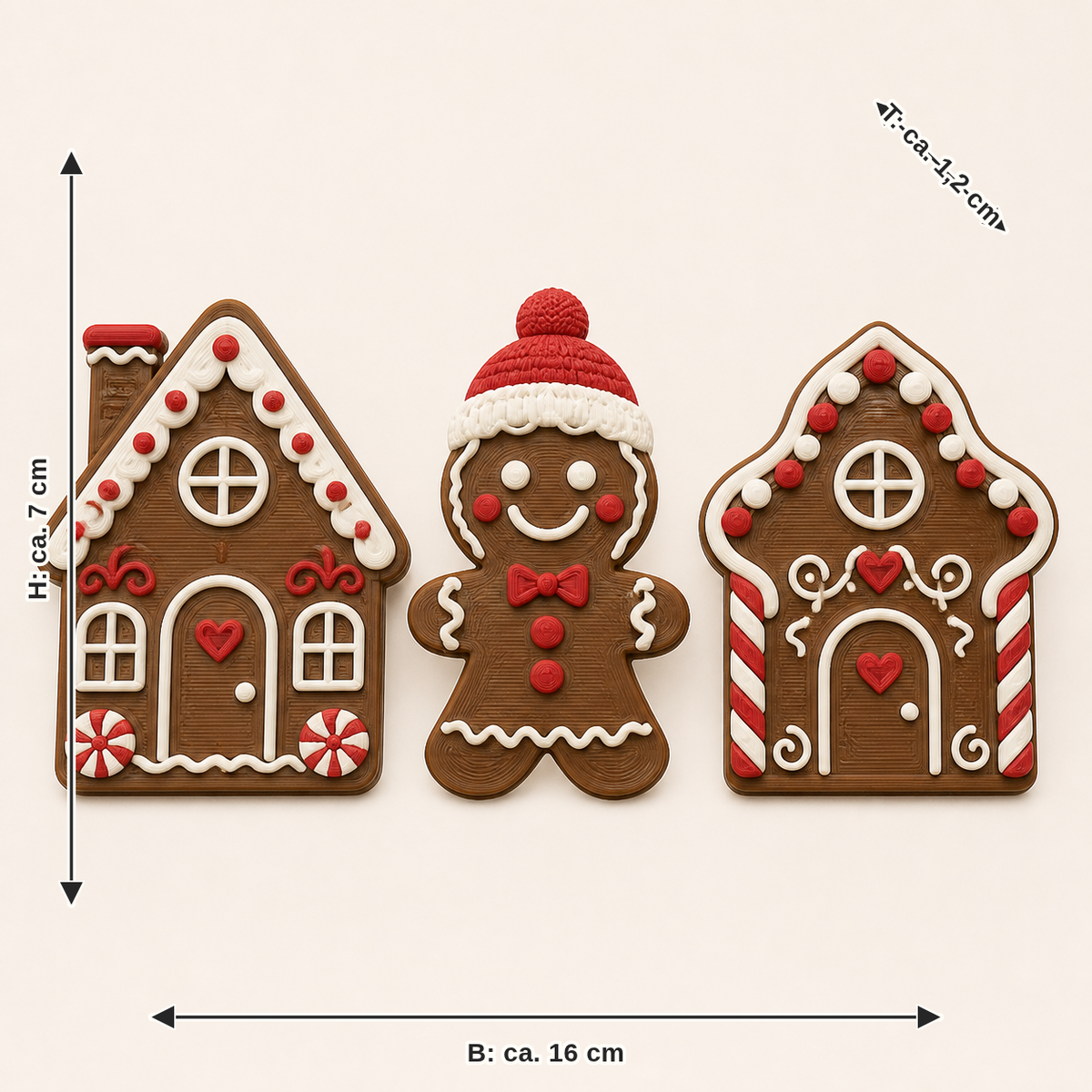 Maßbild für Lebkuchen-Magnet-Set Figuren-Trio: Breite ca. 16 cm, Tiefe ca. 1.2 cm, Höhe ca. 7 cm