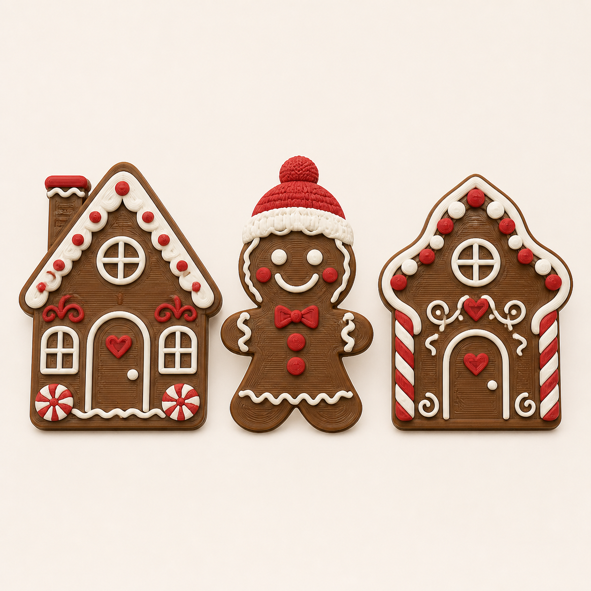 Lebkuchen-Magnet-Set Figuren-Trio aus 3D-gedrucktem PETG in Lebkuchenbraun, Creme, Kirschrot