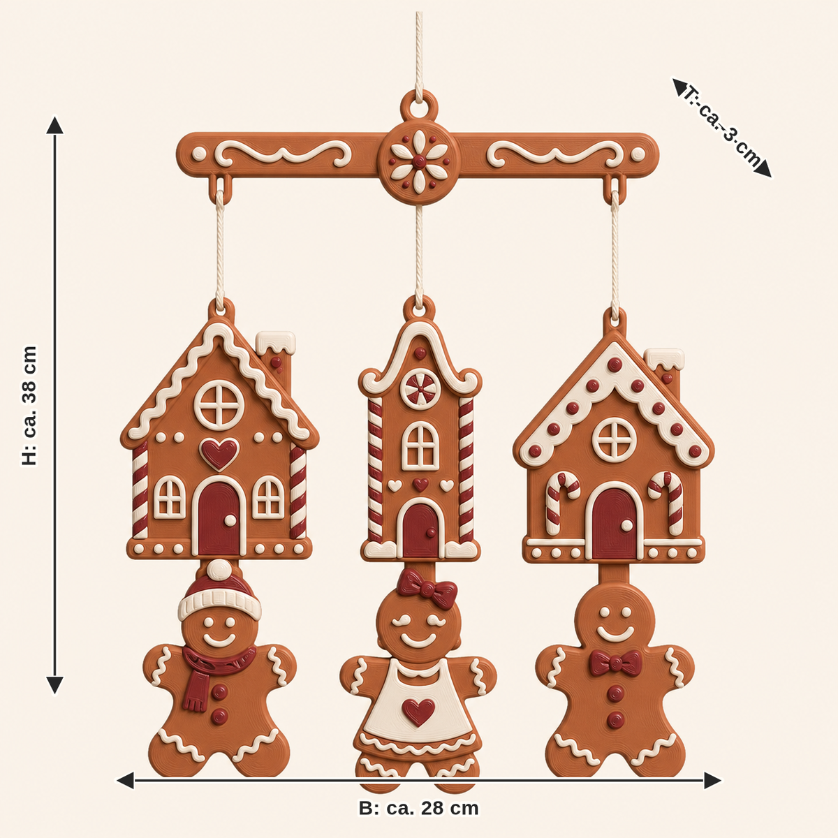 Maßbild für Lebkuchen-Mobile Figurentanz: Breite ca. 28 cm, Tiefe ca. 3 cm, Höhe ca. 38 cm