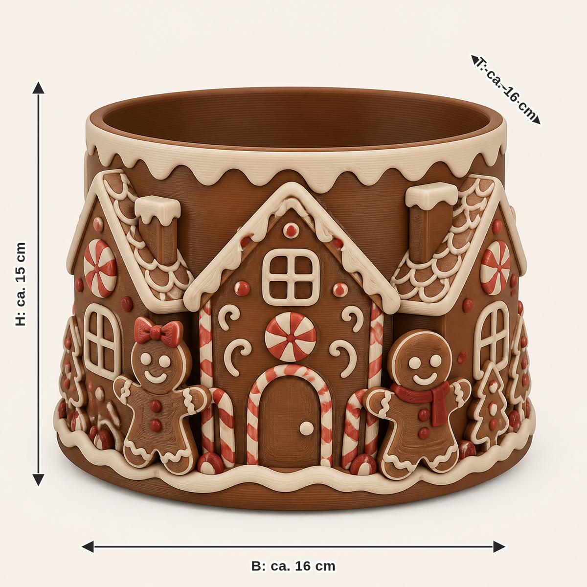 Maßbild für Lebkuchen-Pflanzübertopf Zuckertopf: Breite ca. 16 cm, Tiefe ca. 16 cm, Höhe ca. 15 cm