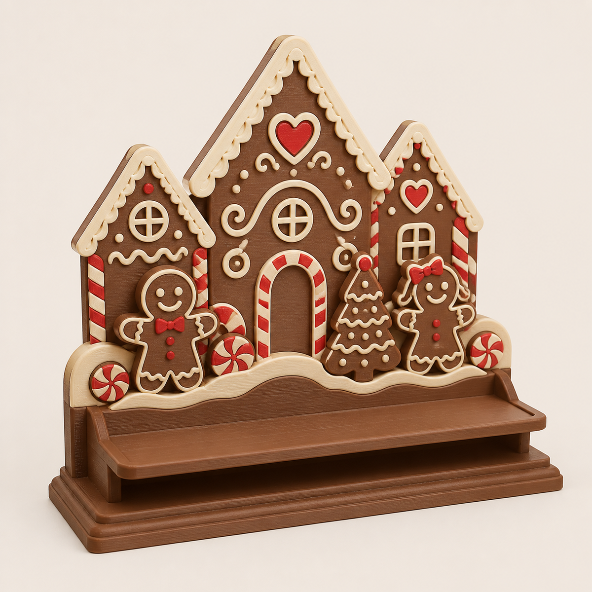 Lebkuchen-Präsentationsständer Winterbühne aus 3D-gedrucktem PETG in Lebkuchenbraun, Creme, Kirschrot