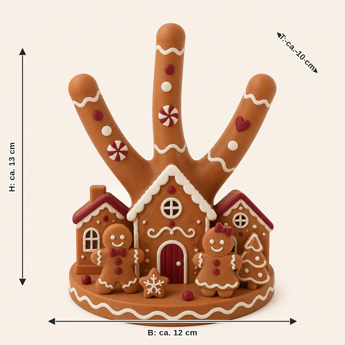 Maßbild für Lebkuchen-Ringhalter Ornamentzweig: Breite ca. 12 cm, Tiefe ca. 10 cm, Höhe ca. 13 cm
