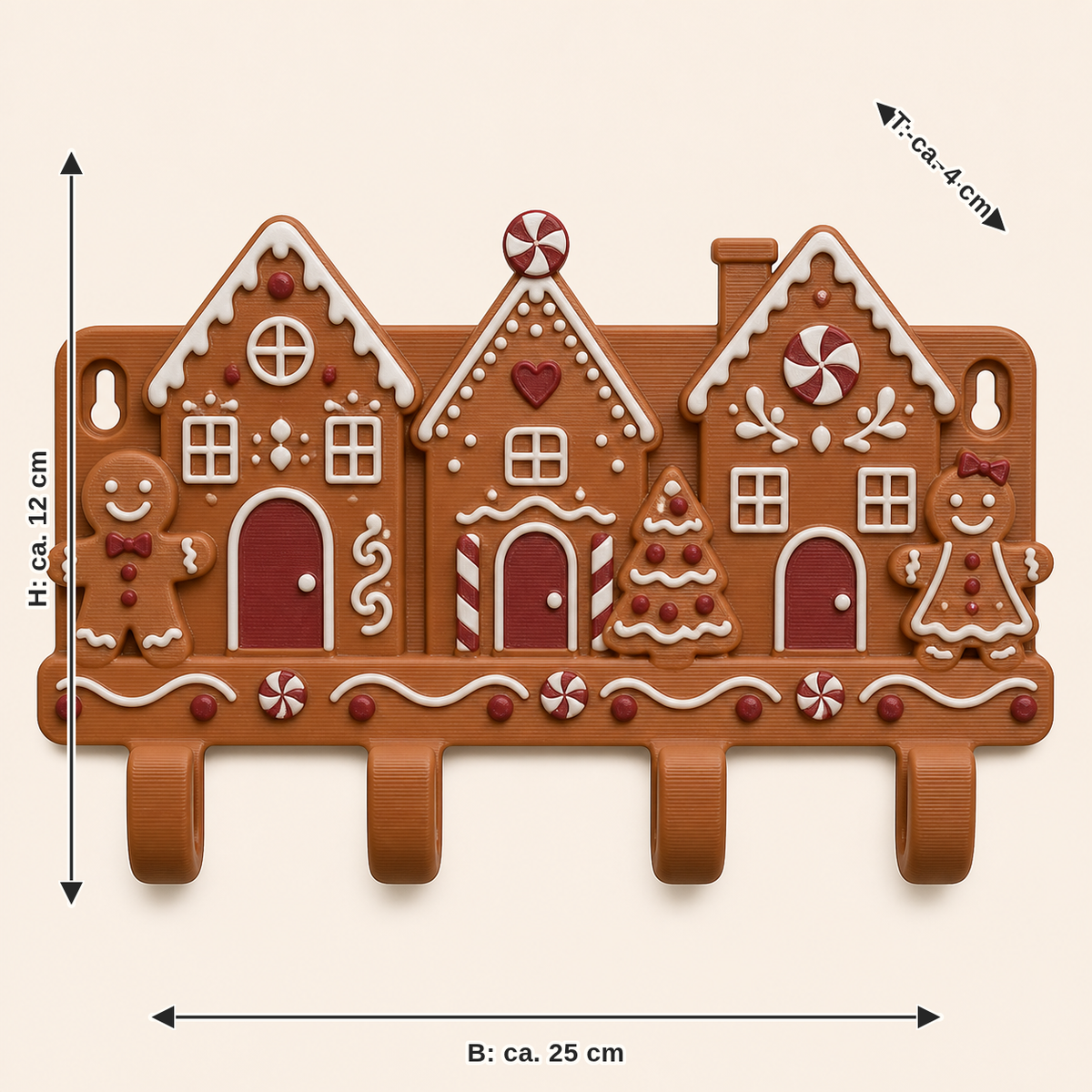 Maßbild für Lebkuchen-Schlüsselbrett Häuserhaken: Breite ca. 25 cm, Tiefe ca. 4 cm, Höhe ca. 12 cm