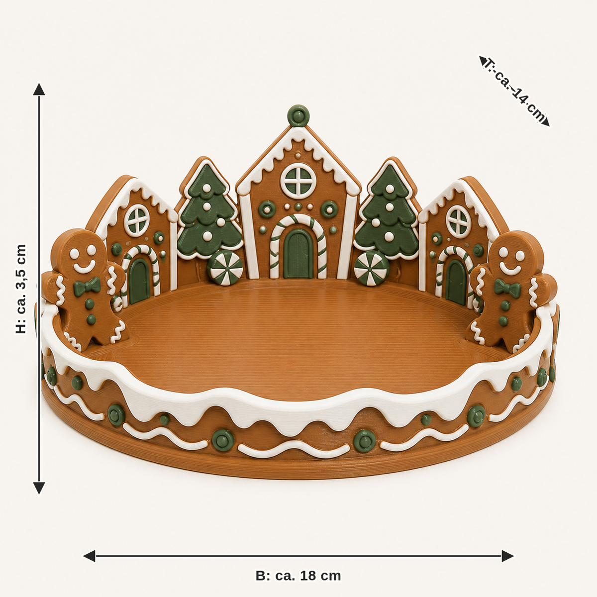 Maßbild für Lebkuchen-Schmuckschale Zuckerrand: Breite ca. 18 cm, Tiefe ca. 14 cm, Höhe ca. 3.5 cm