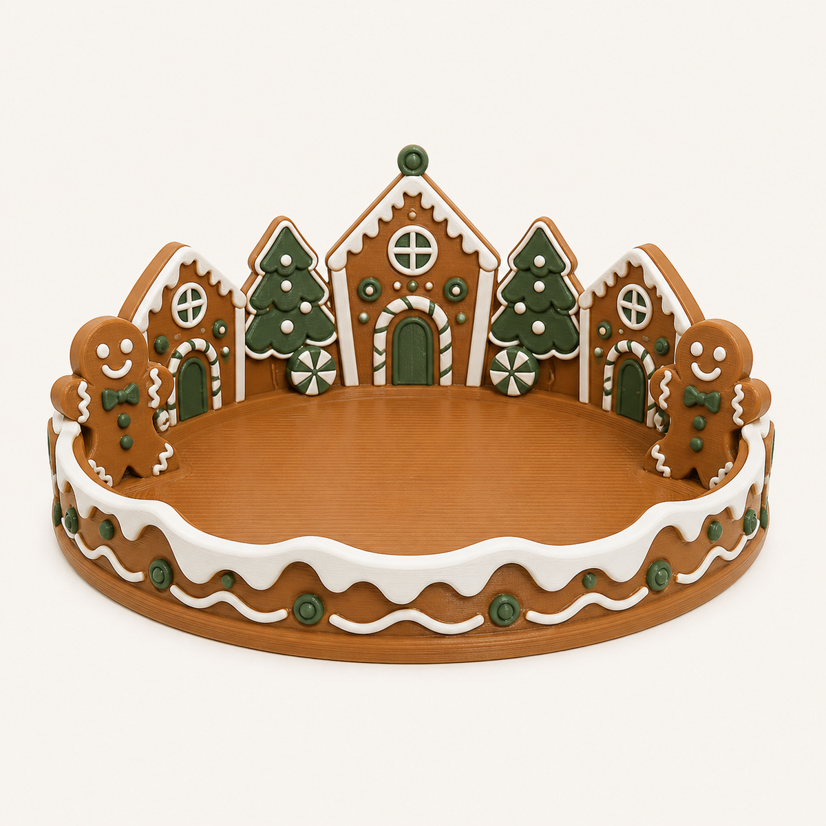 Lebkuchen-Schmuckschale Zuckerrand aus 3D-gedrucktem PETG in Karamell, Schneeweiß, Tannengrün