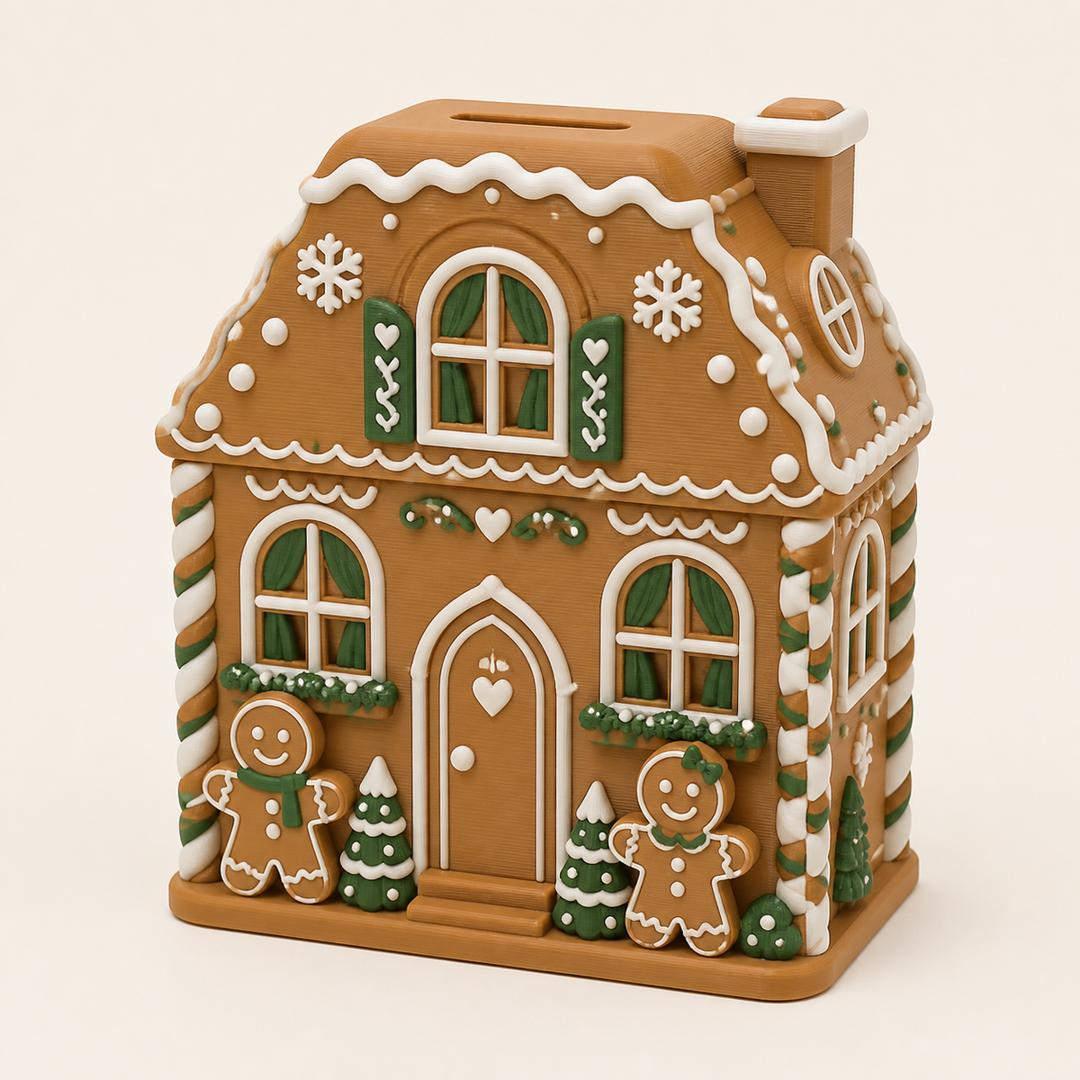 Lebkuchen-Sparbüchse Lebkuchenfenster aus 3D-gedrucktem PETG in Karamell, Schneeweiß, Tannengrün
