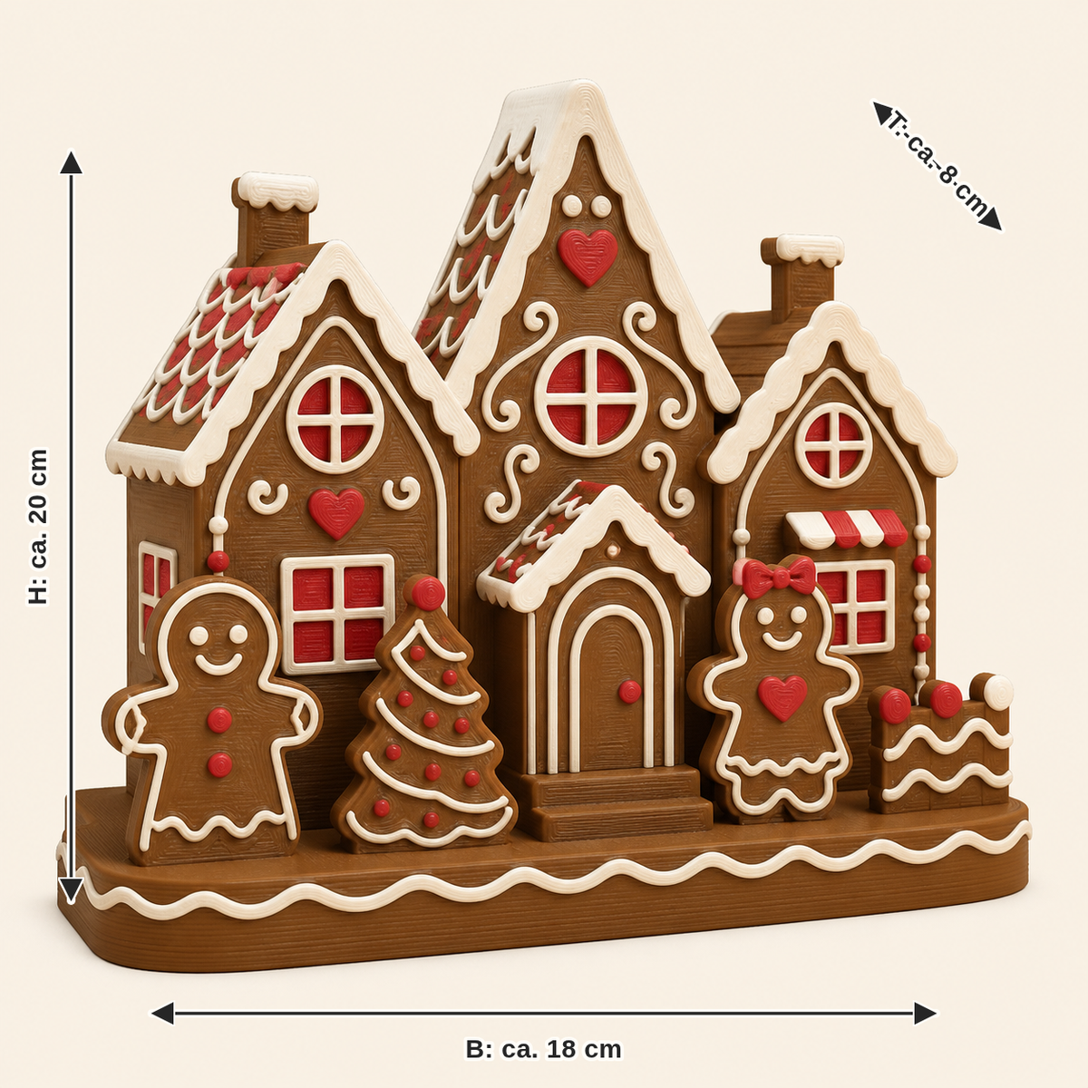 Maßbild für Lebkuchen-Tischaufsteller Winterhaus: Breite ca. 18 cm, Tiefe ca. 8 cm, Höhe ca. 20 cm