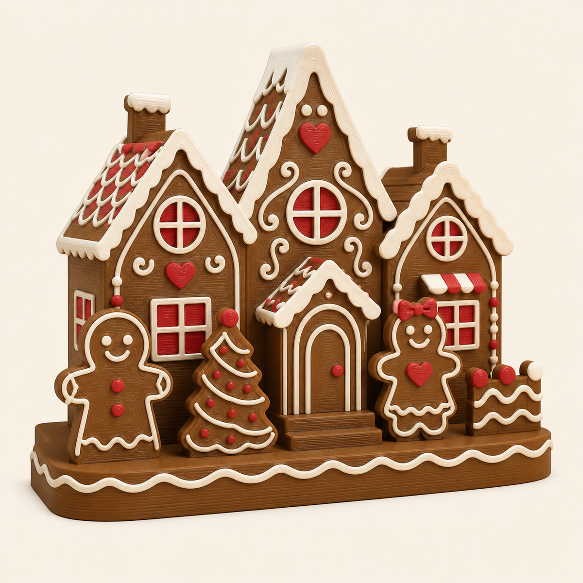 Lebkuchen-Tischaufsteller Winterhaus aus 3D-gedrucktem PETG in Lebkuchenbraun, Creme, Kirschrot