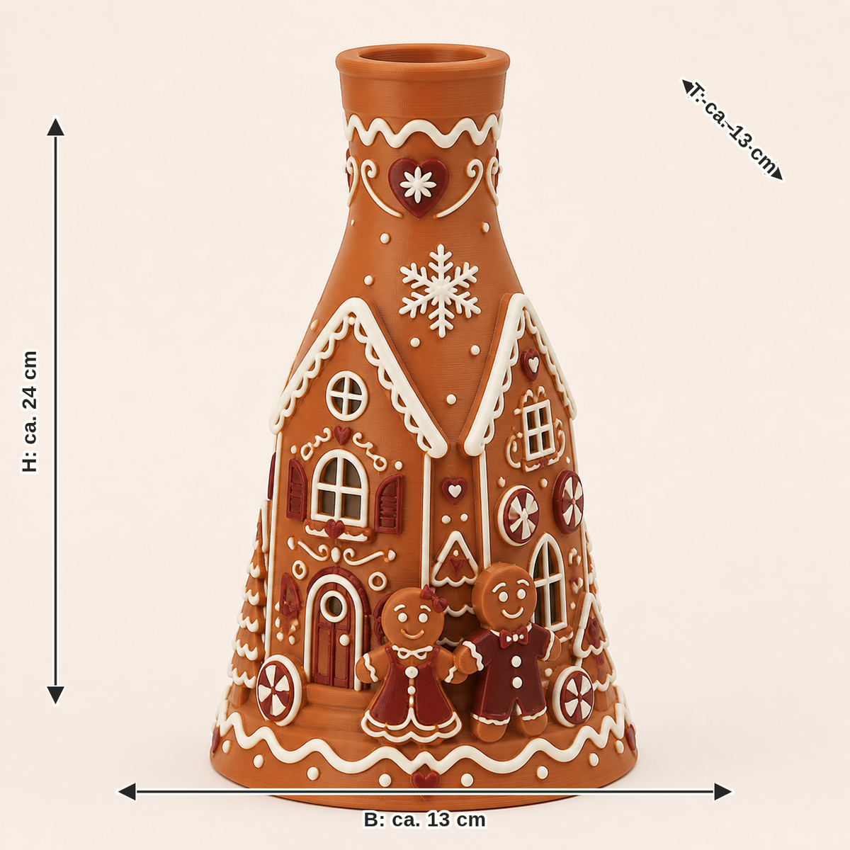 Maßbild für Lebkuchen-Trockenblumen-Vase Häuschenstiel: Breite ca. 13 cm, Tiefe ca. 13 cm, Höhe ca. 24 cm
