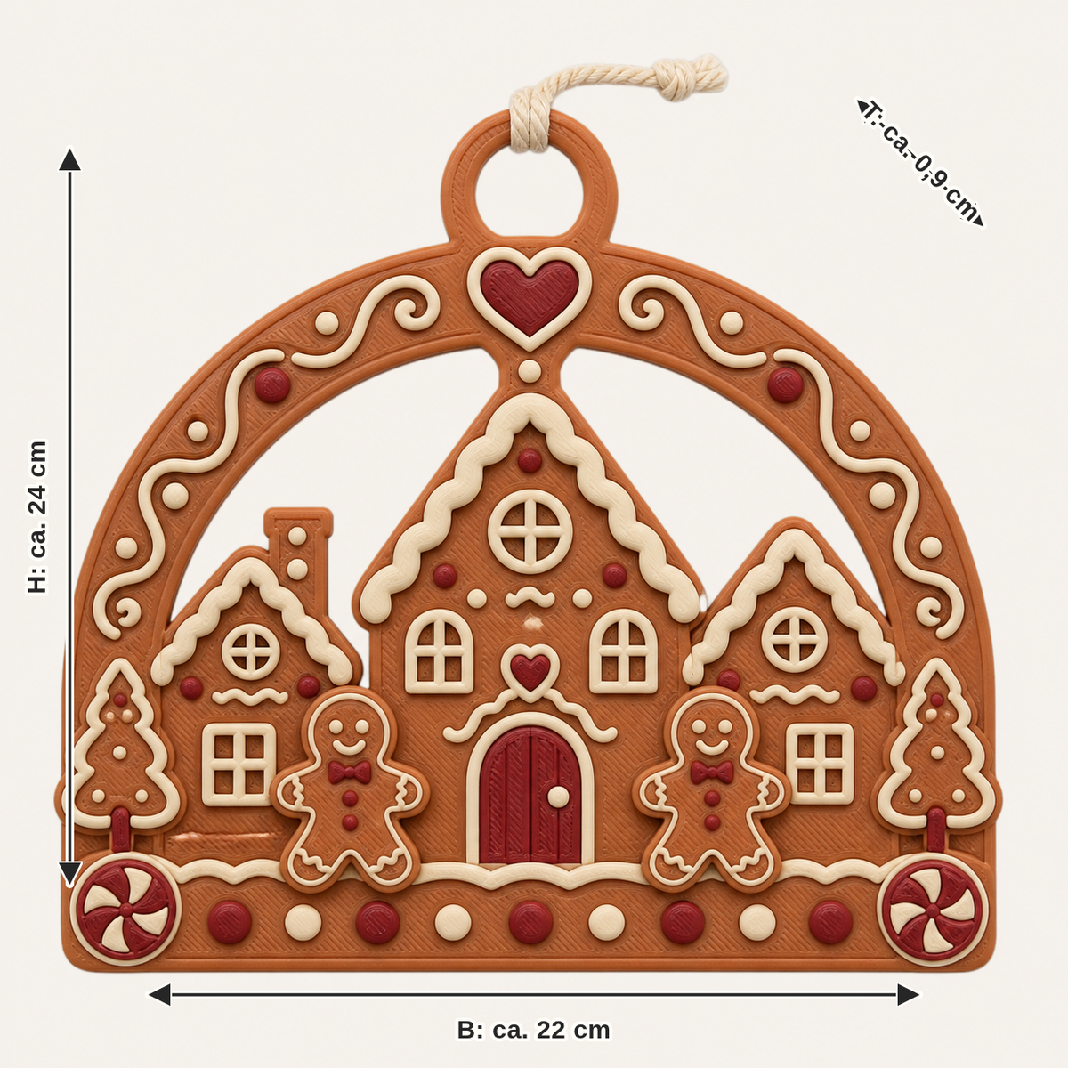 Maßbild für Lebkuchen-Türhänger Lebkuchenbogen: Breite ca. 22 cm, Tiefe ca. 0.9 cm, Höhe ca. 24 cm