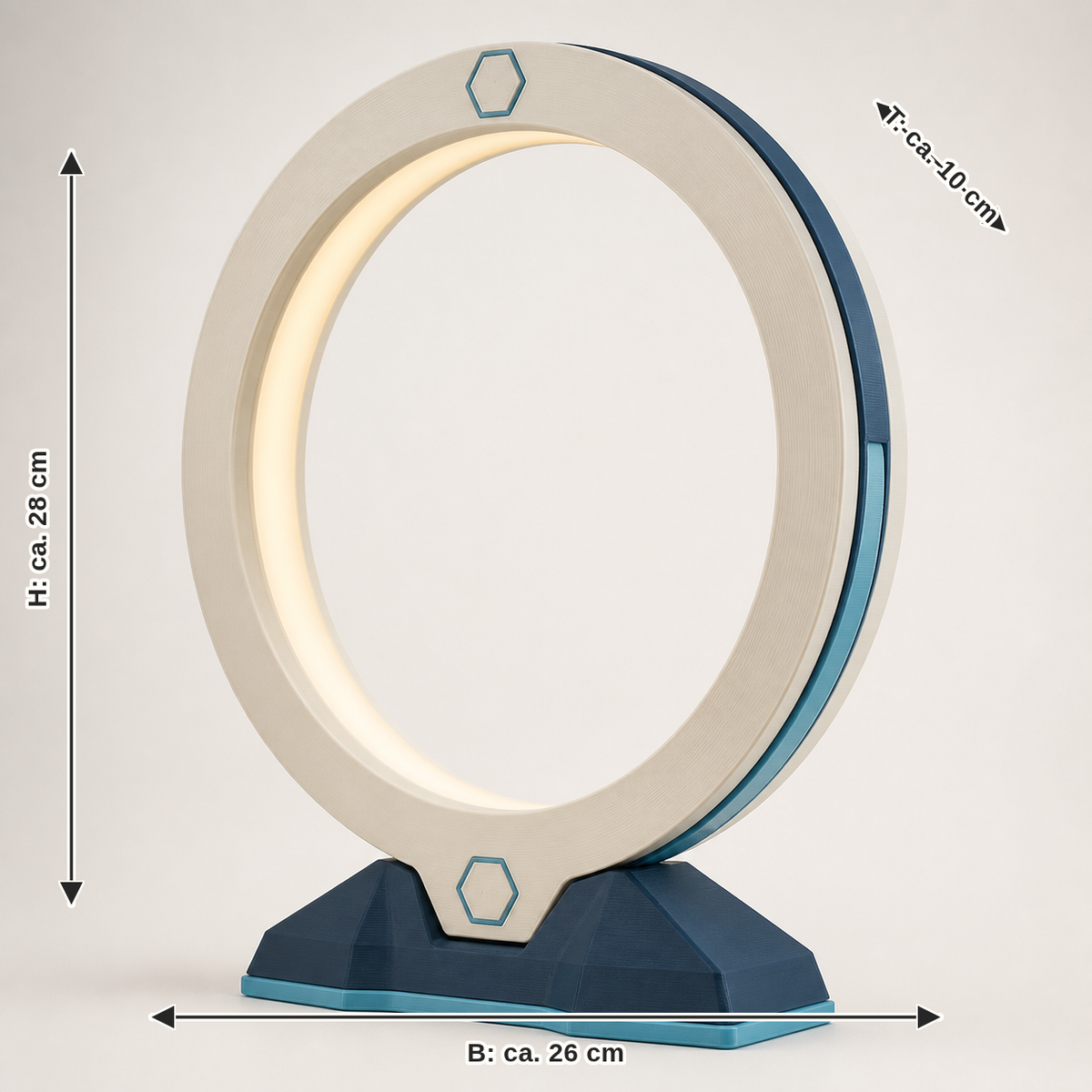 Measurement for LED ambient light light ring – Futuristic: width approx. 26 cm, depth approx. 10 cm, height approx. 28 cm