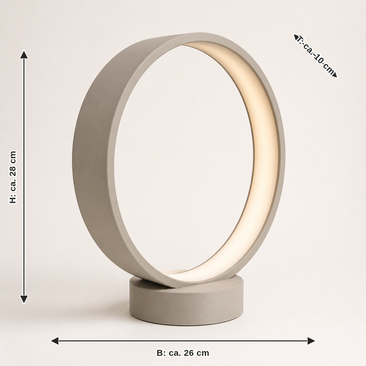 Dimensional image for LED ambient light light ring – minimalist: width approx. 26 cm, depth approx. 10 cm, height approx. 28 cm