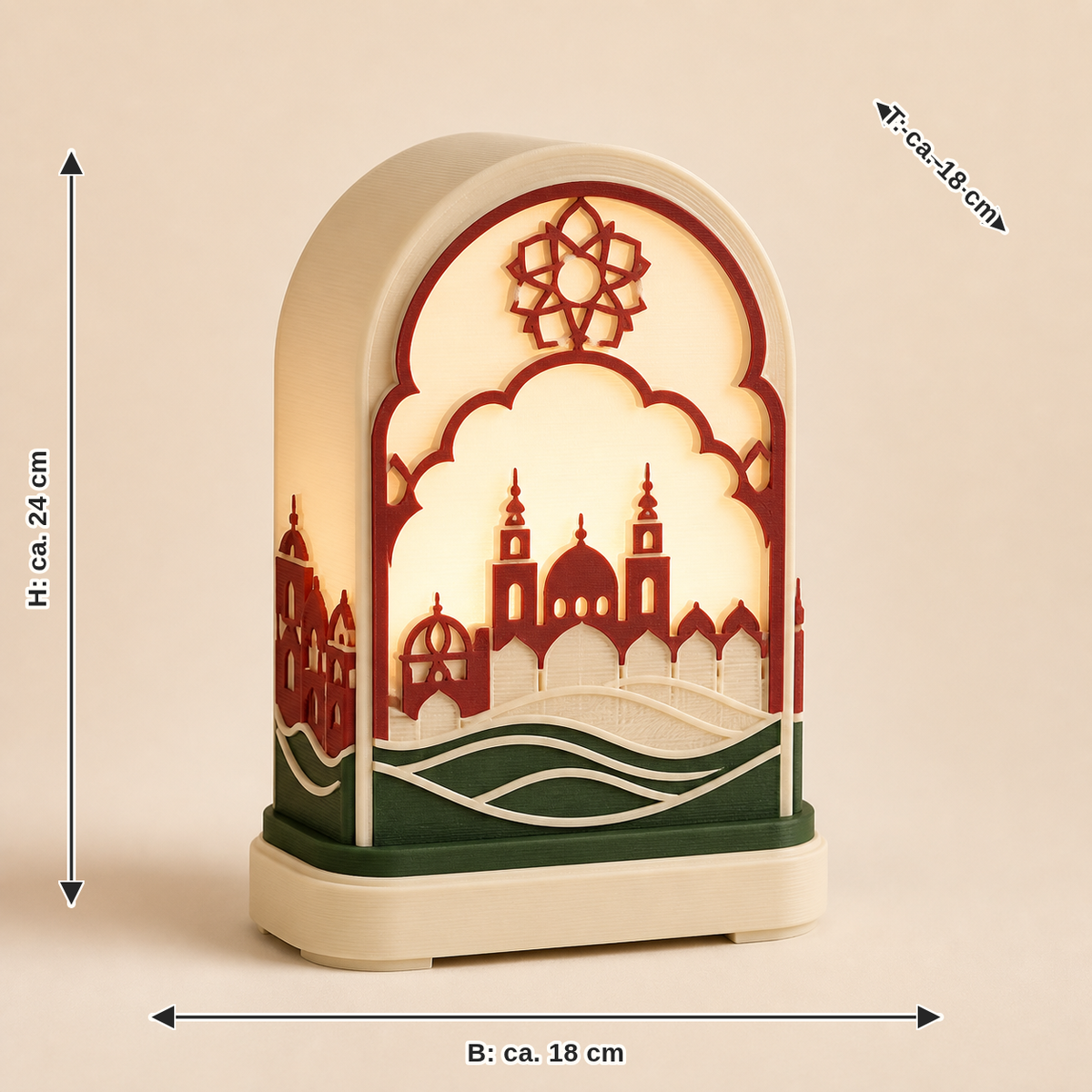 Dimensional image for LED table lamp fortress arch – Salzburg: width approx. 18 cm, depth approx. 18 cm, height approx. 24 cm