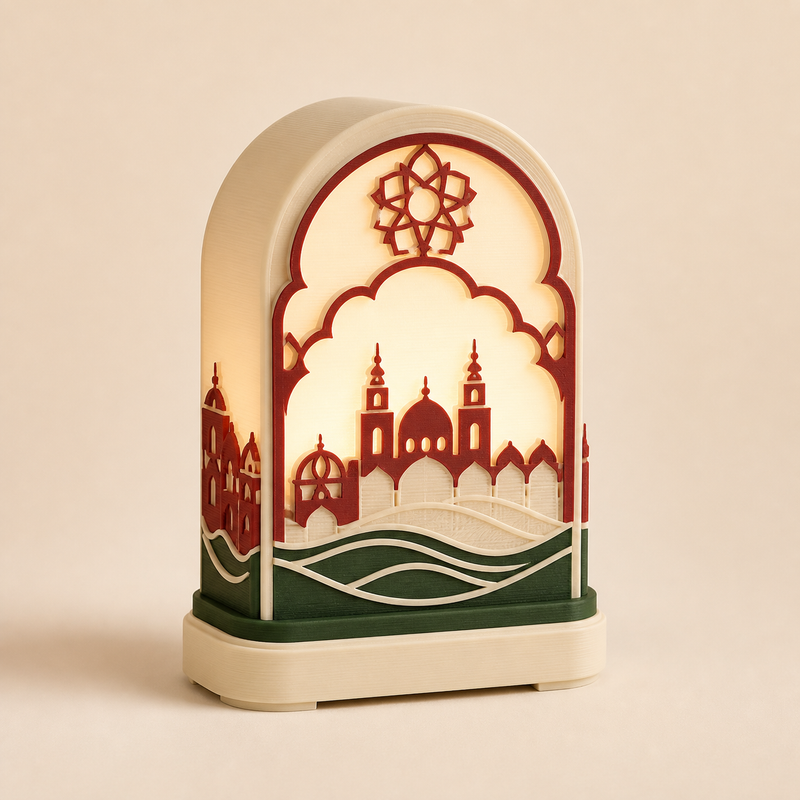 LED table lamp fortress arch – Salzburg from PETG on bright studio background