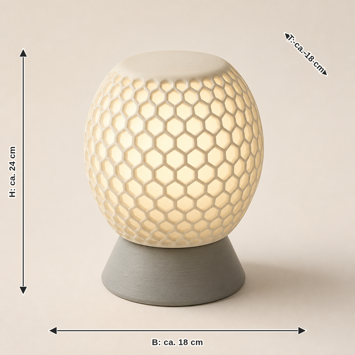 Dimensional image for LED table lamp honeycomb core – minimalist: width approx. 18 cm, depth approx. 18 cm, height approx. 24 cm