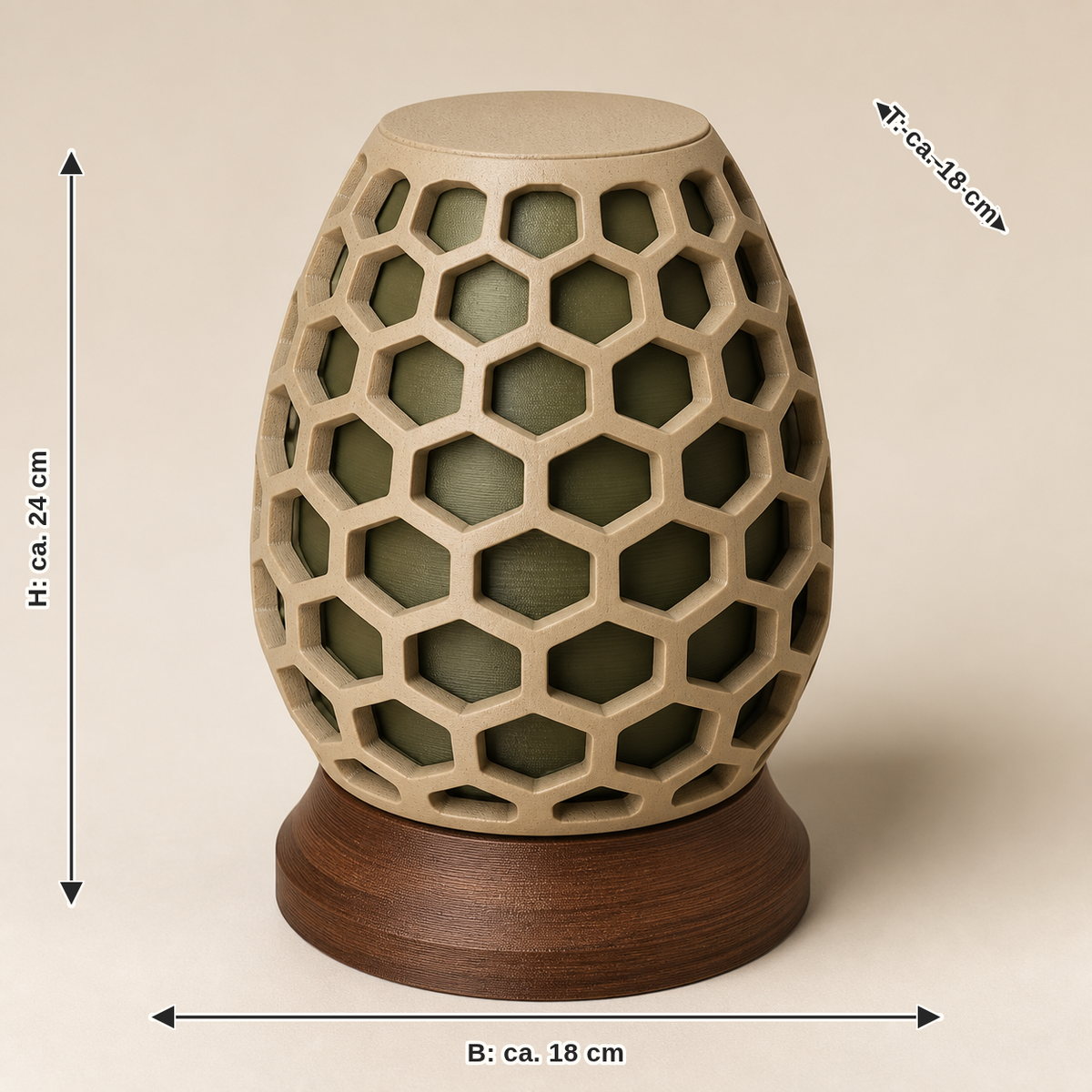 Dimensional image for LED table lamp honeycomb core – rustic: width approx. 18 cm, depth approx. 18 cm, height approx. 24 cm