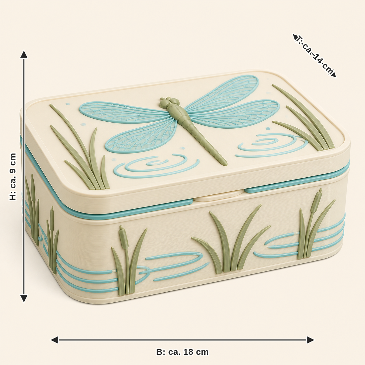 Dimensional image for dragonfly storage box dragonfly tape: width approx. 18 cm, depth approx. 14 cm, height approx. 9 cm