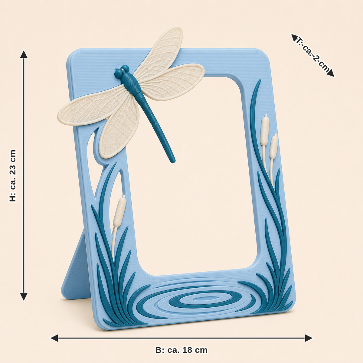 Dimensional image for dragonfly photo frame Reed wind: width approx. 18 cm, depth approx. 2 cm, height approx. 23 cm