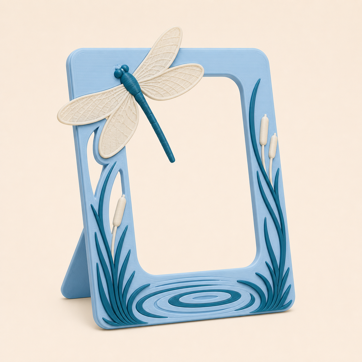 Dragonfly photo frame Reed wind from 3D-printed PETG in Sky blue, teal, cream