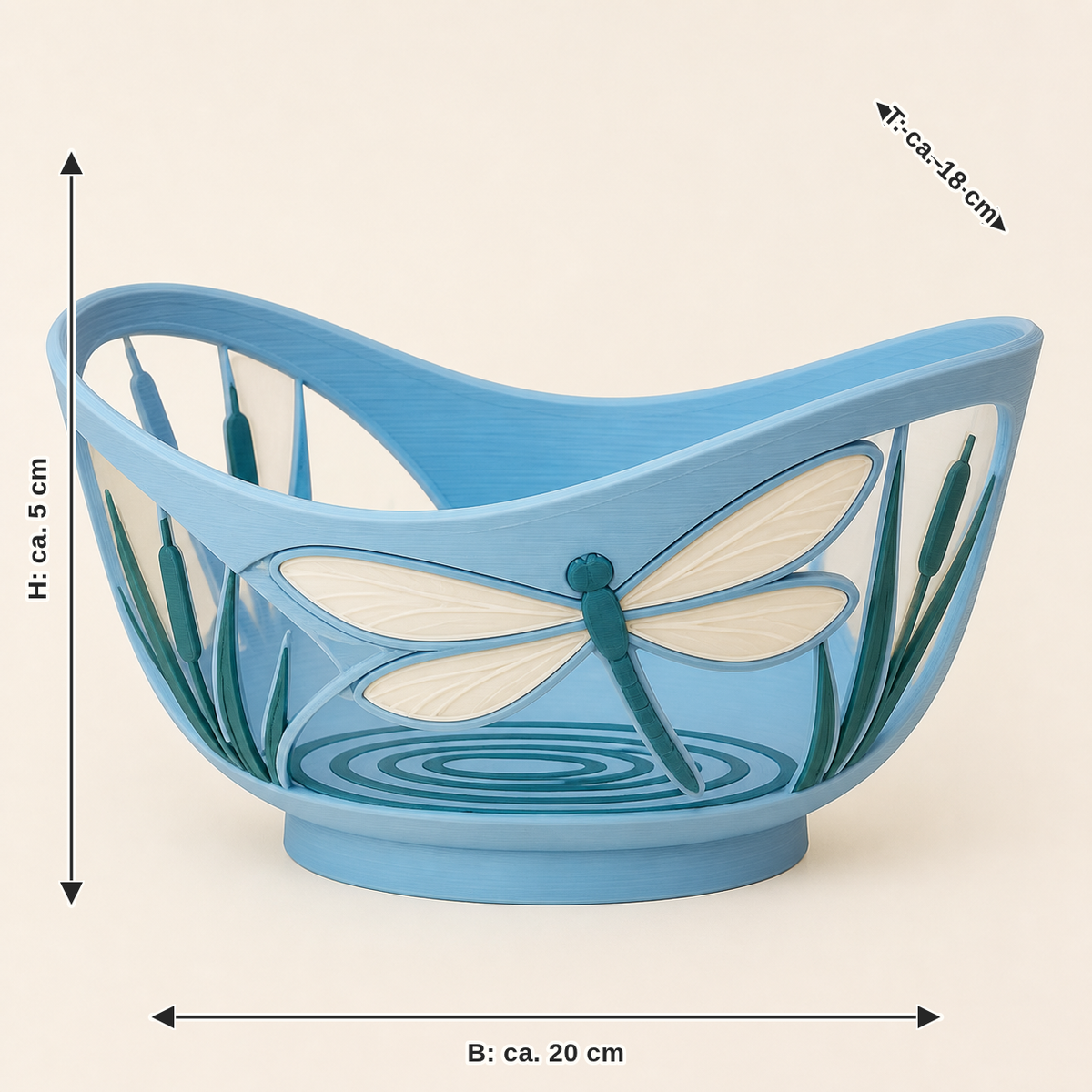 Dimensional image for dragonfly-decorative bowl Reed bow: width approx. 20 cm, depth approx. 18 cm, height approx. 5 cm