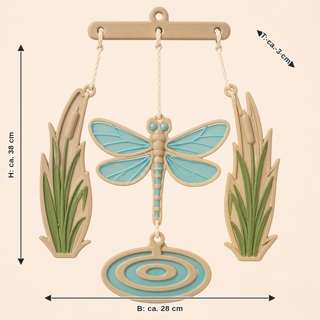 Dimensional image for dragonfly mobile wing gloss: width approx. 28 cm, depth approx. 3 cm, height approx. 38 cm