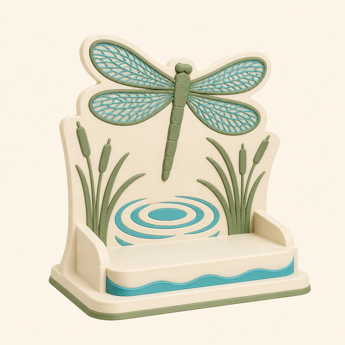 Dragonfly-Display stands Aqua-Dance from 3D-printed PETG in warm white, turquoise, sage green