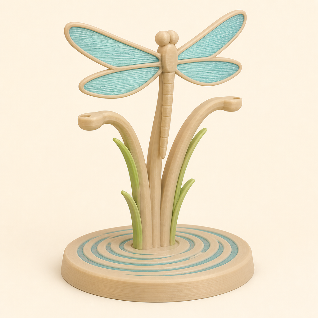 Dragonfly ring holder in 3D printed PETG in sand beige, aqua, leaf green