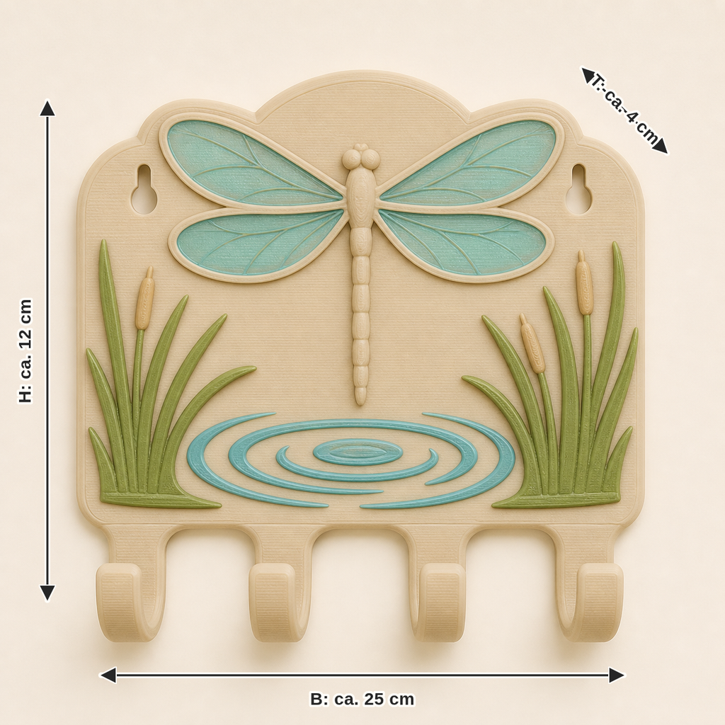 Dimensional image for dragonfly-key rack wing compartments: width approx. 25 cm, depth approx. 4 cm, height approx. 12 cm