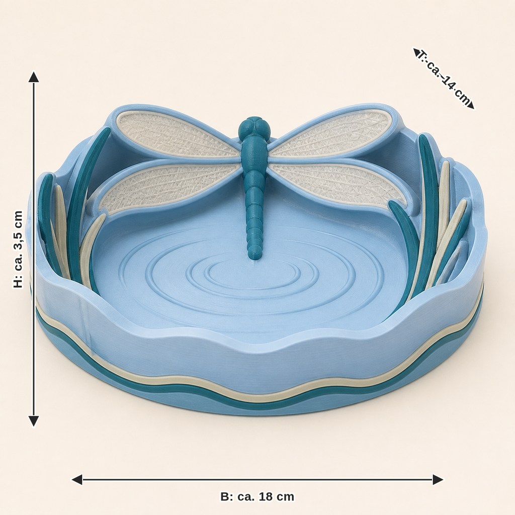 Dimensional image for dragonfly jewellery dish wing wreath: width approx. 18 cm, depth approx. 14 cm, height approx. 3.5 cm