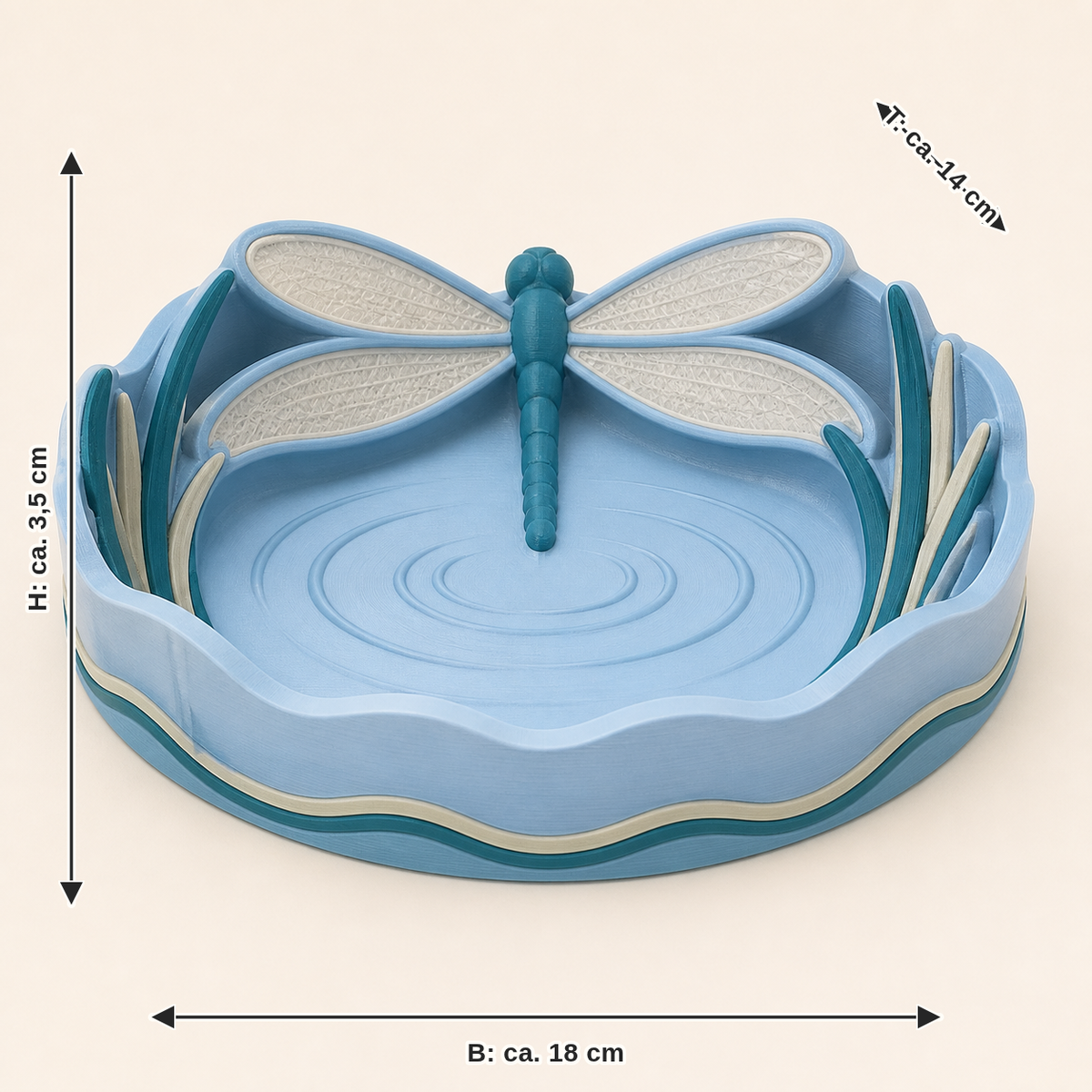 Dimensional image for dragonfly jewellery dish wing wreath: width approx. 18 cm, depth approx. 14 cm, height approx. 3.5 cm