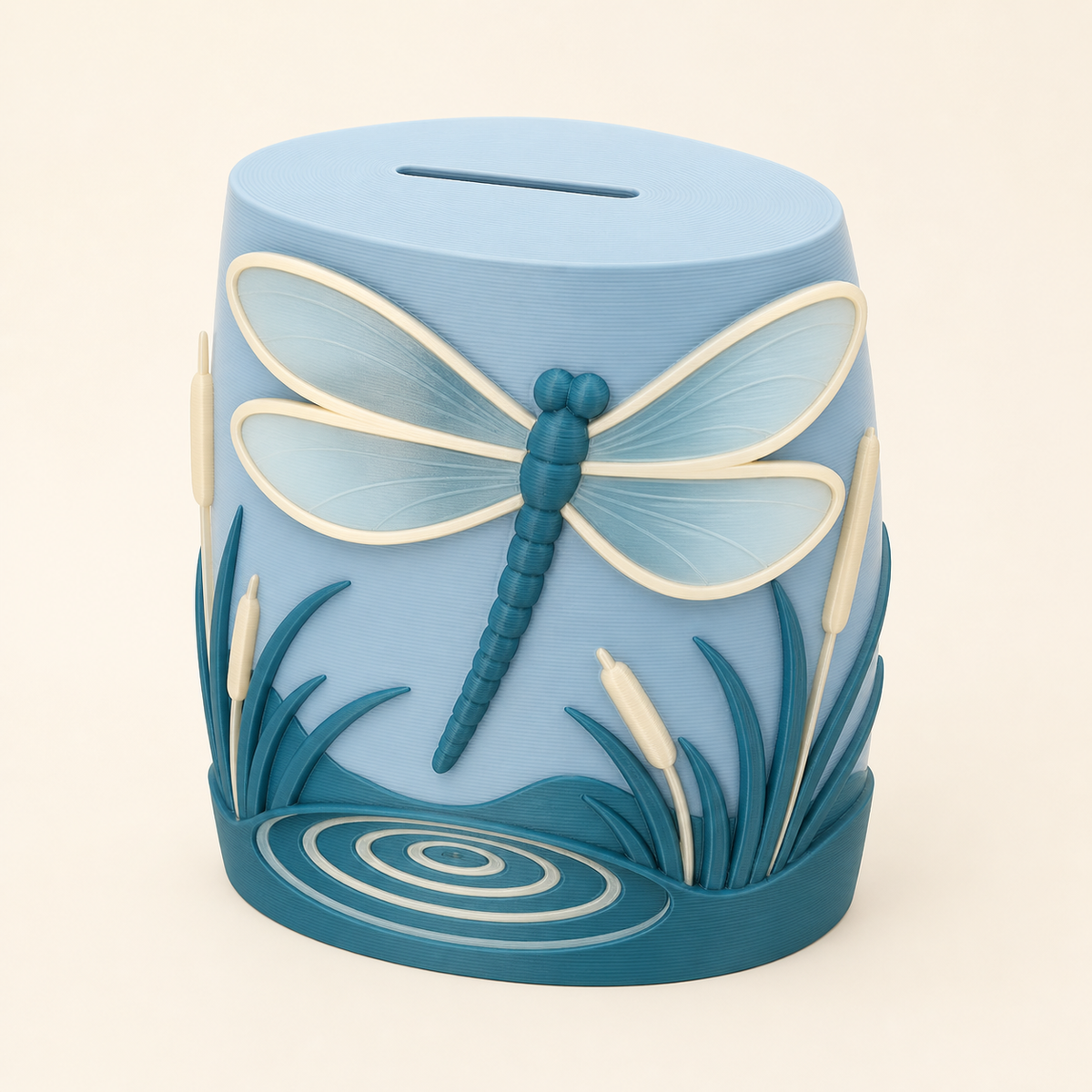 Dragonfly money box shore gloss in 3D printed PETG in Sky blue, teal, cream