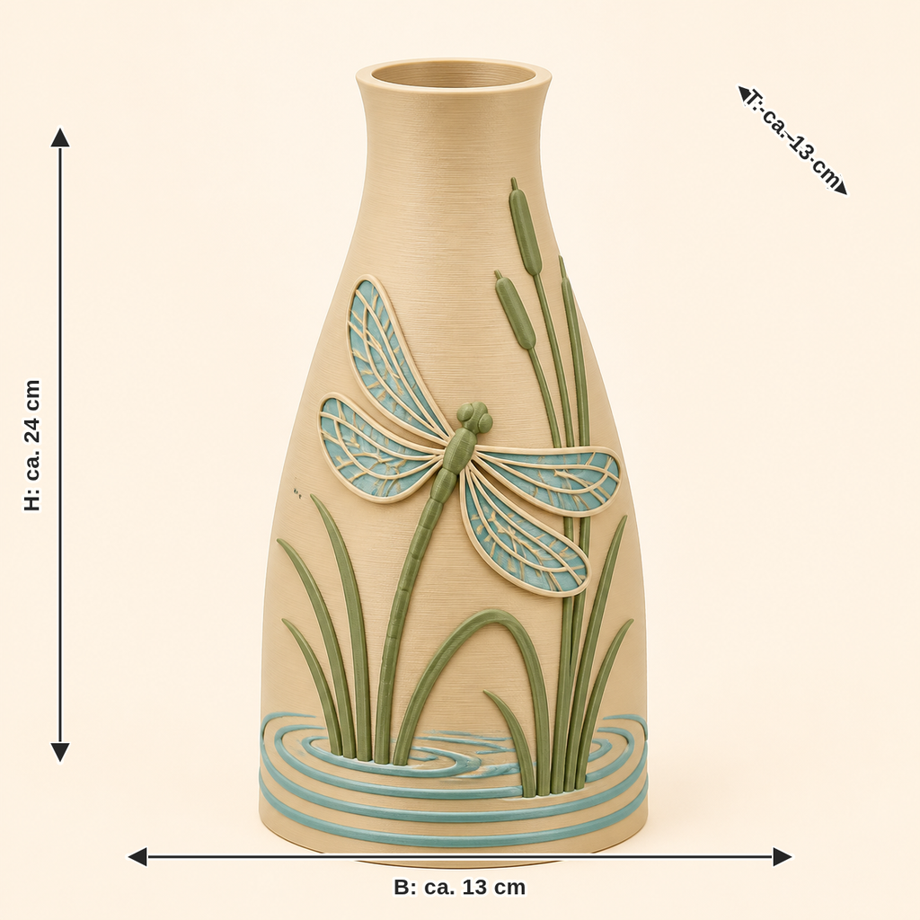 Maßbild für Libellen-Trockenblumen-Vase Sommerflug: Breite ca. 13 cm, Tiefe ca. 13 cm, Höhe ca. 24 cm
