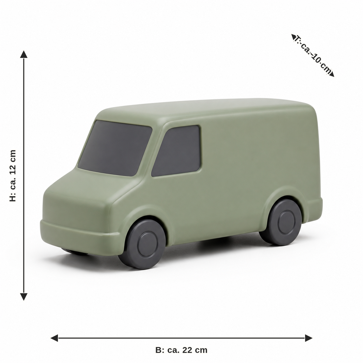 Maßbild für Lieferwagen-Modell in Salbeigrün: Breite ca. 22 cm, Tiefe ca. 10 cm, Höhe ca. 12 cm