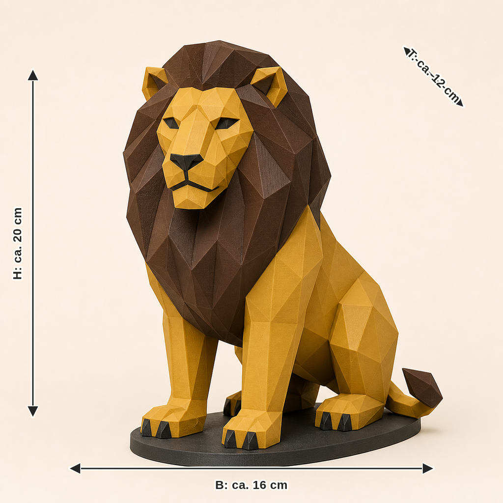 Maßbild für Löwe-Low-Poly-Skulptur Facettenfigur: Breite ca. 16 cm, Tiefe ca. 12 cm, Höhe ca. 20 cm