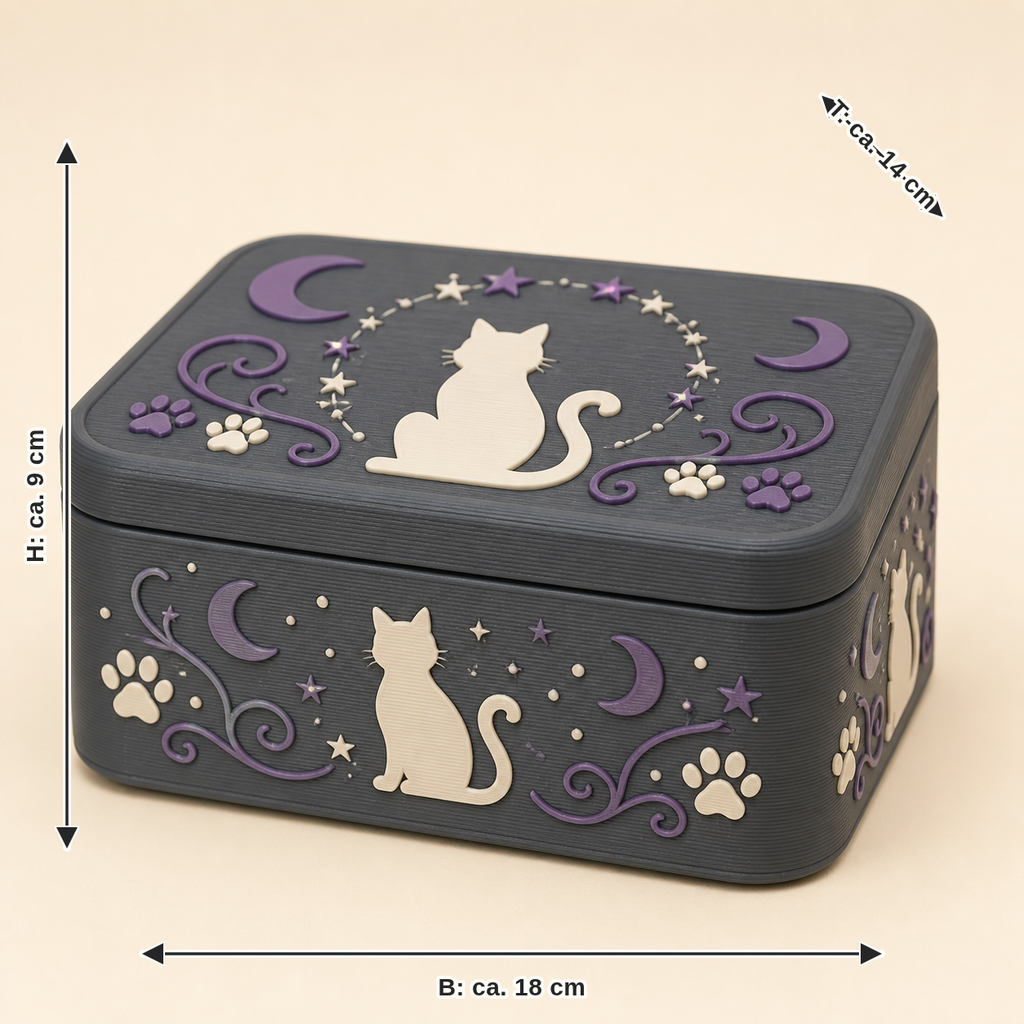 Maßbild für Magische Katze-Aufbewahrungsbox Pfotenbox: Breite ca. 18 cm, Tiefe ca. 14 cm, Höhe ca. 9 cm
