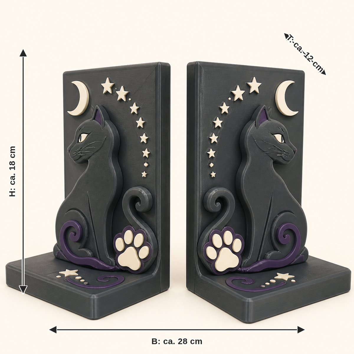 Maßbild für Magische Katze-Buchstützen-Paar Doppelkatze: Breite ca. 28 cm, Tiefe ca. 12 cm, Höhe ca. 18 cm