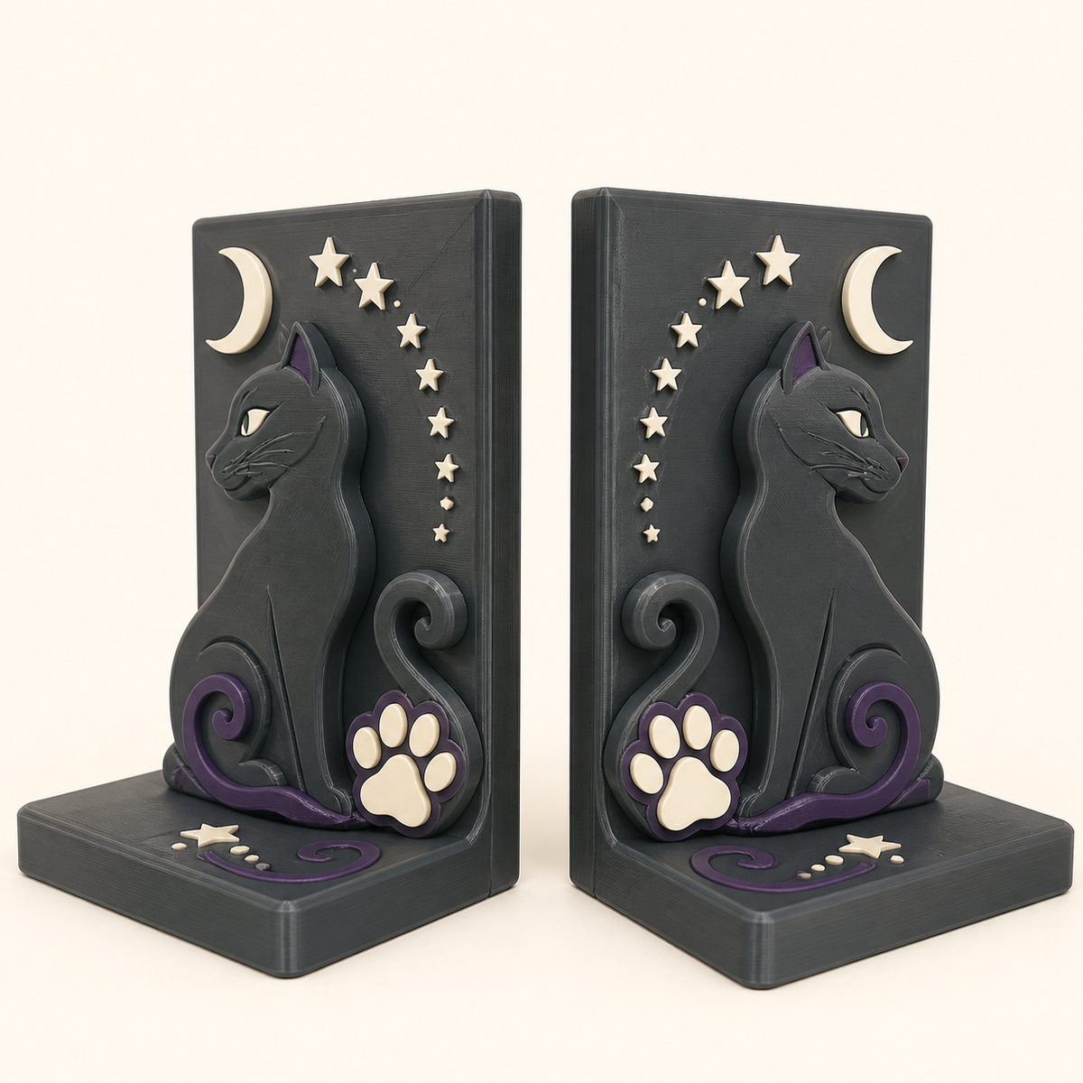 Magische Katze-Buchstützen-Paar Doppelkatze aus 3D-gedrucktem PETG in Anthrazit, Dunkelviolett, Knochenweiß