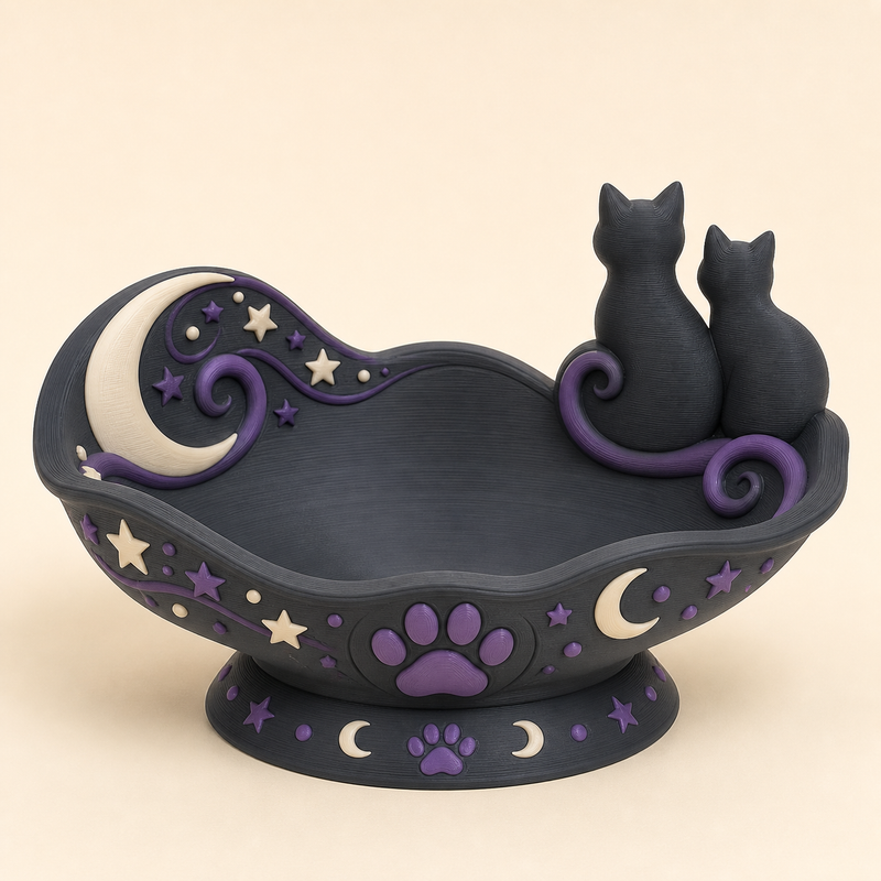 Magische Katze-Dekoschale Pfotenmulde aus 3D-gedrucktem PETG in Anthrazit, Dunkelviolett, Knochenweiß